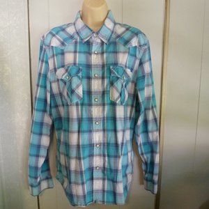 Blue Plaid Mens American Eagle Outfitters Western Cowboy Shirt Vintage Fit Snaps